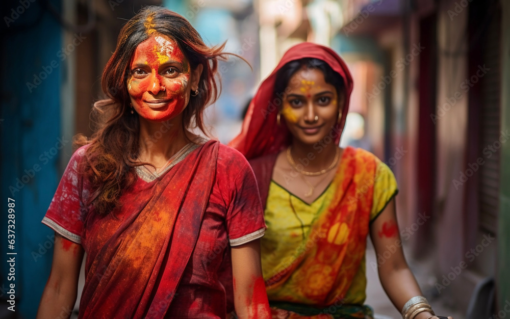 two people. Holi festival. indian girls in national dress sari with paint. throwing paint in India. festival of colors