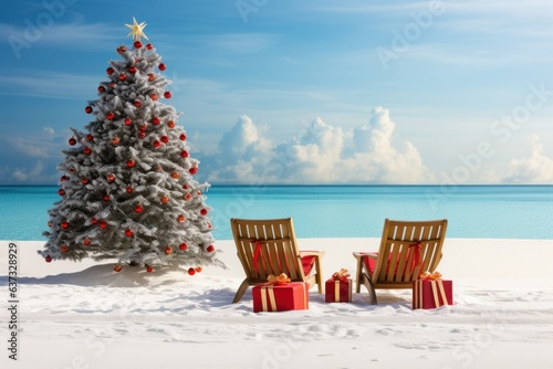 banner copy space with space for text  christmas and new year at sea New Year s vacation at sea on a sunbed with gifts