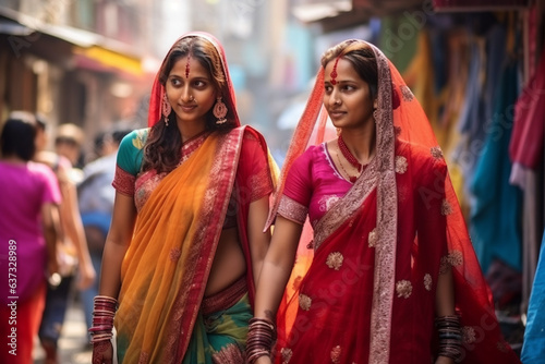 two Indian women in national sari dress walk down the street in India. Mumbai, Bombay, Delhi, Varanasi. festival of colors Holi. photo
