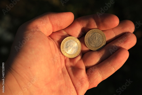 Turkish lira coins in hand