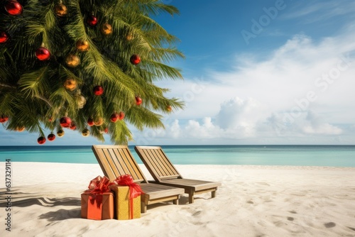 banner copy space with space for text christmas and new year at sea New Year's vacation at sea on a sunbed with gifts