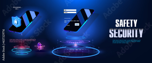Cyber security and protection. Concept banner with smartphone. Protecting your bank account from hacking. Secure login via phone. Electronic account management via phone