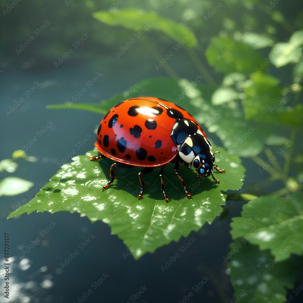 ladybug on a green leaf, lake ladybug on a green leaf, lake