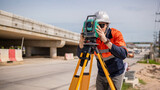Engineer surveyors wearing uniform conversation notebook and blueprint check inspection by theodolite camera to measurement level position road construction site is industry transportation concept.