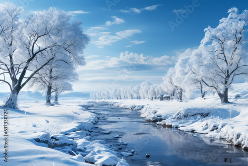 Beautiful hoarfrost, which is a natural phenomenon in winter, adheres to the trees, creating a fantastic snowscape and the scenery reflected on the surface of the river.  © cwa