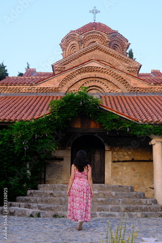 Church of Virgin Mary Peribleptos of Ohrid and a woman visiting