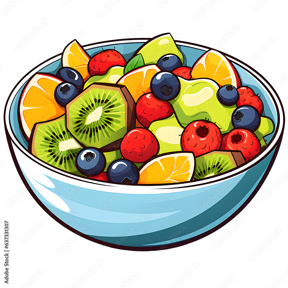 cartoon fruit salad bowl clipart, transparent background Stock