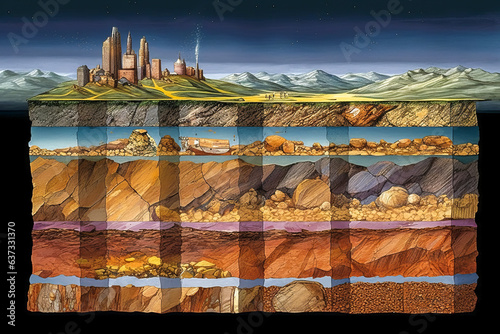 Vivid image of Earth's crust cross-section showcasing diverse geological layers and a highlighted drill exploring China's rich oil and gas deposits.