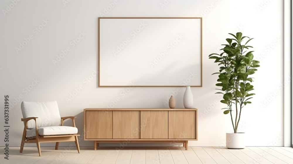 Empty frame on wooden table with flowers on white wall.Generative Ai Empty frame on wooden table with flowers on white wall.Generative Ai