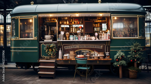 Obraz na płótnie coffee shop around old train carriages