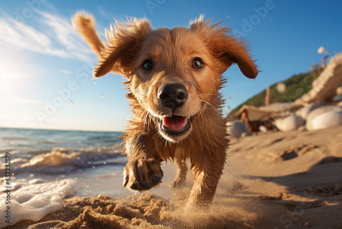 Cheerful funny playful dog running along sea beach on sunny day, wide angle view