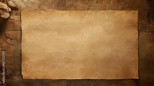 Blank Ancient Sheet, Parchment, Rocky stone, Template, Space, Message, Paper. Slightly crumpled sheet on wooden table in the background.