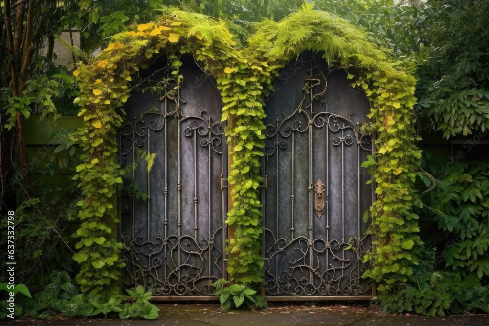 symmetrical iron gate in front of ivy-covered fence symmetrical iron gate in front of ivy-covered fence