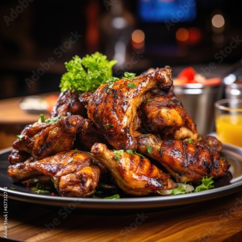 grilled chicken wings blurred restaurant in the background