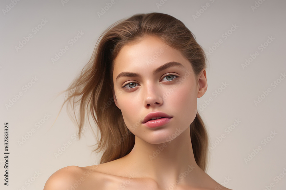 Portrait of perfect young woman isolated on light background. AI Generated. Portrait of perfect young woman isolated on light background. AI Generated.