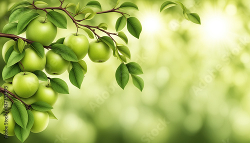 Green apples on a branch on a green bokeh background.