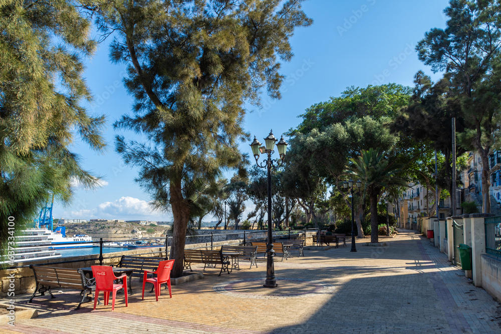 Floriana, Malta - June  25th 2018: The Sir Luigi Preziosi Gardens which overlook the Grand Harbour.