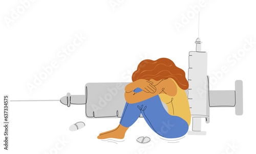 Woman sitting near the Syringes with drugs and antidepressants. Human with depression fighting anxiety with antidepressants and hormonal drugs. Drug Addiction Concept. Psychological healthcare.