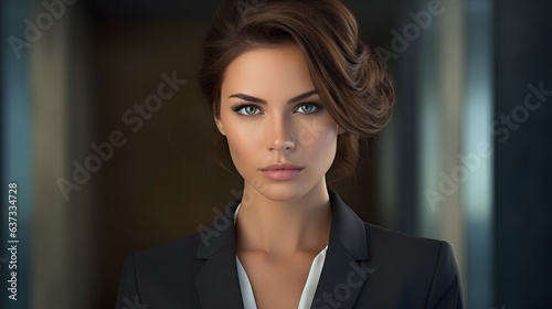 Photo of a woman in a black suit and white shirt