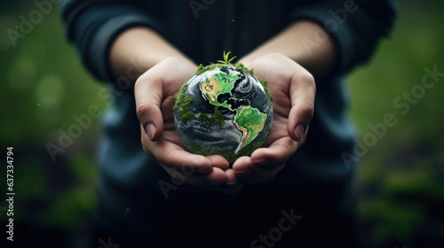 Environmental, Green, Nature, Child, Male, Palms, Hands, Miniature, Earth, World. 2 young teenager hands holding a little fragile Planet Earth in his palms. Green vegetation growing out of the globe.