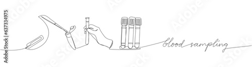 Blood analysis, sampling set. Test tube rack, medical tests, medical supplies, equipment one line art. Continuous line drawing of laboratory, research, with an inscription, lettering, handwritten.