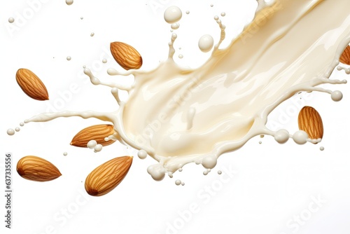 Splash of almond milk with almond nuts on a white background.