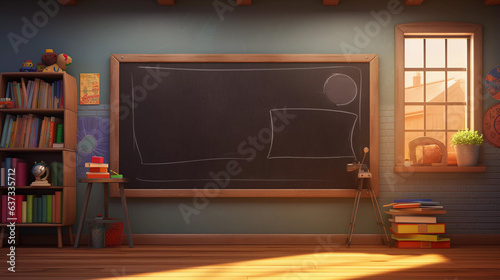 Empty Classroom Background with Chalkboard. Tables and seats on wooden floor. Education and Back to school concept. Architecture interior.