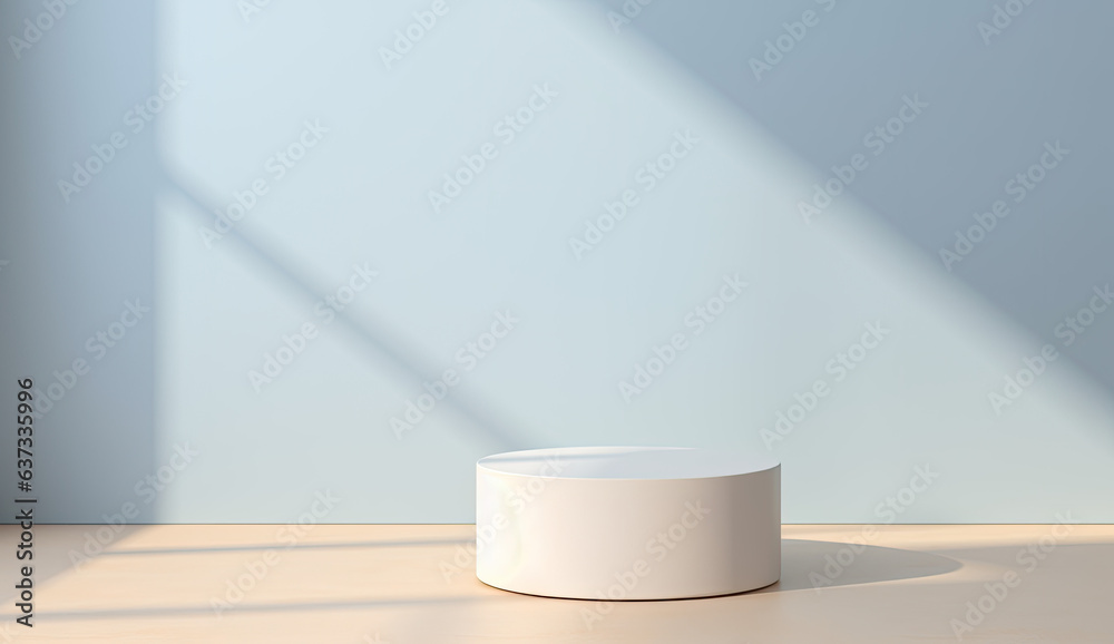 podium for modeling advertising products on blue empty room background, wooden table podium for modeling advertising products on blue empty room background, wooden table