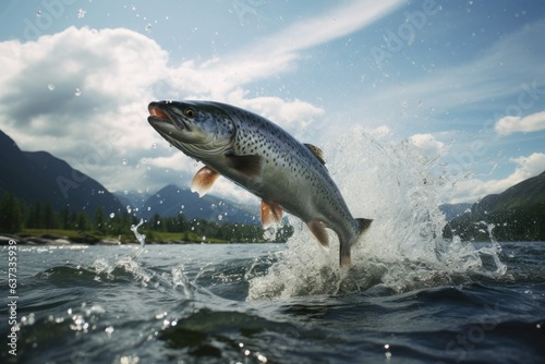 Fotobehang Salmon or trout jumps out of the water of a sea bay with mountains in the background