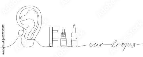 Ear drops set. Blister pack, ears, oil, drops, spray, medicine, herbal, medicine one line art. Continuous line drawing of treatment medication, pharmacy, therapy