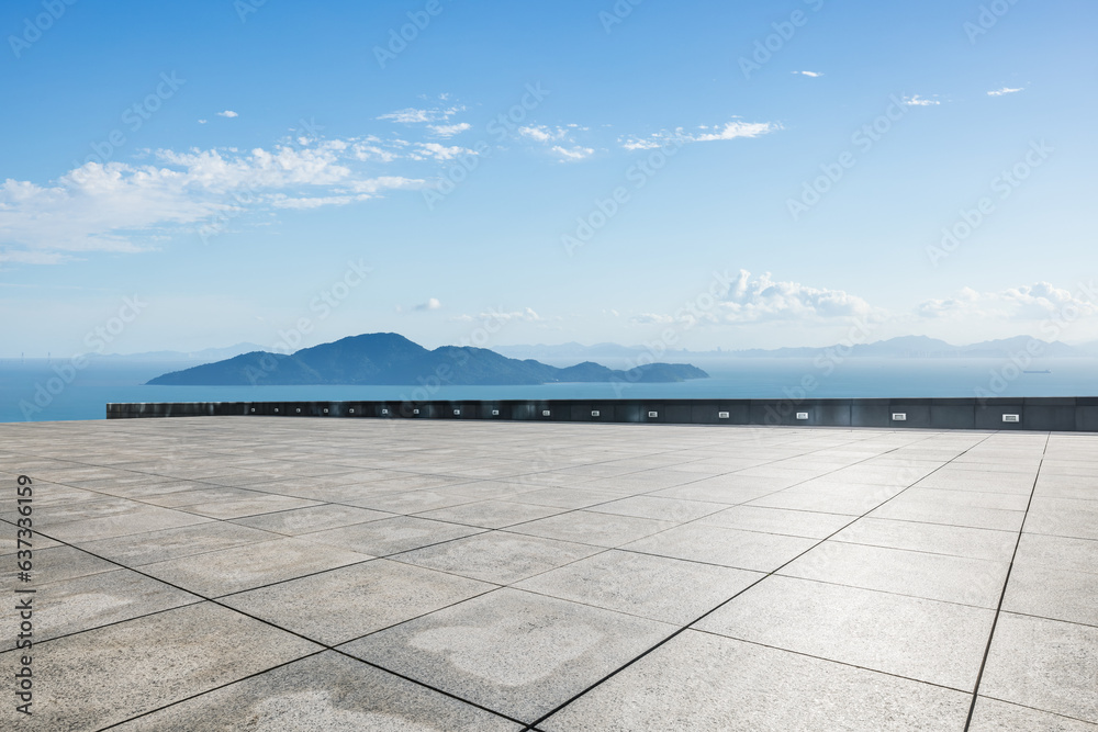 Empty square floor and sea with island natural landscape in summer