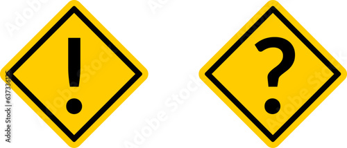 Yellow Attention Danger or Hazard Question Problem Warning Sign with Exclamation Mark and Question Mark in Diamond Shaped Frame Label Icon Set. Vector Image.