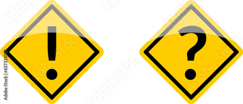 Yellow Attention Danger or Hazard Question Problem Warning Sign with Exclamation Mark and Question Mark in Diamond Shaped Frame Label Icon Set with Shiny 3D Effect. Vector Image.