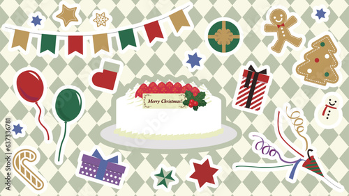 クリスマスパーティのステッカー風アイコンセットイラスト