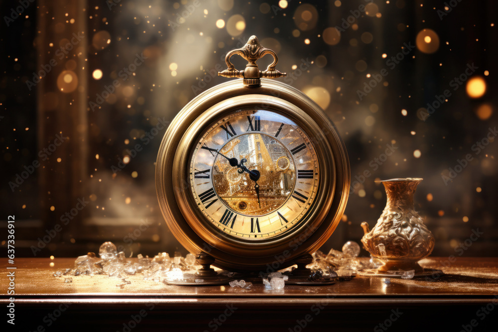 Retro pocket watch, festive nostalgia. Vintage clock charm. Concept of past moments and celebration.