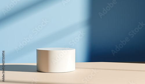 podium for modeling advertising products on blue background, wooden table