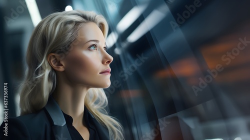 A blonde woman gazing out of a window with a contemplative expression