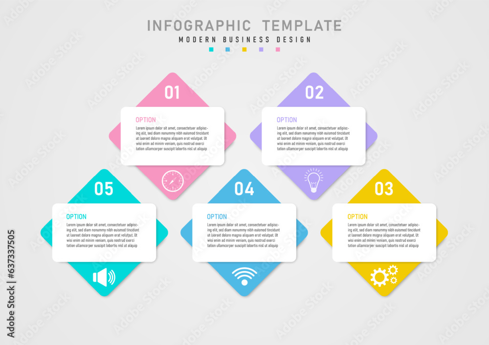 infographic template 5 business options top white squares with text in the middle and multicolored squares below. white numbers above white icon below gray gradient background infographic template 5 business options top white squares with text in the middle and multicolored squares below. white numbers above white icon below gray gradient background