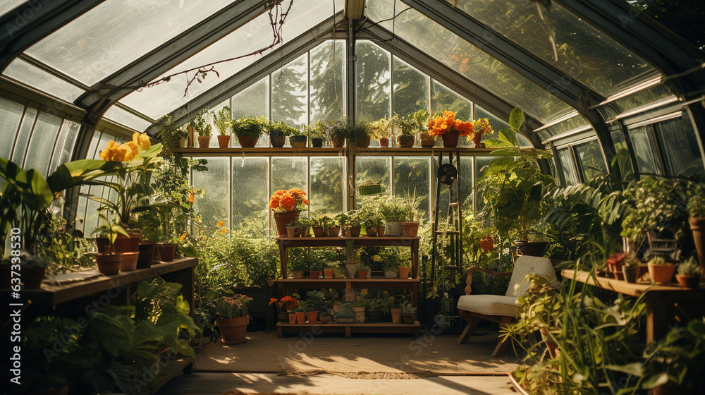 greenhouse with flowers.Generative Ai