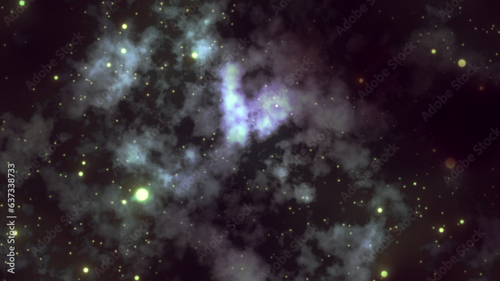 Deep space background with nebula and starfield. Blurry smoky grey gas clouds, constellation of shining stars, light and shadow. Galaxy exploration. Astronomy science. Dark futuristic backdrop 8k 16:9