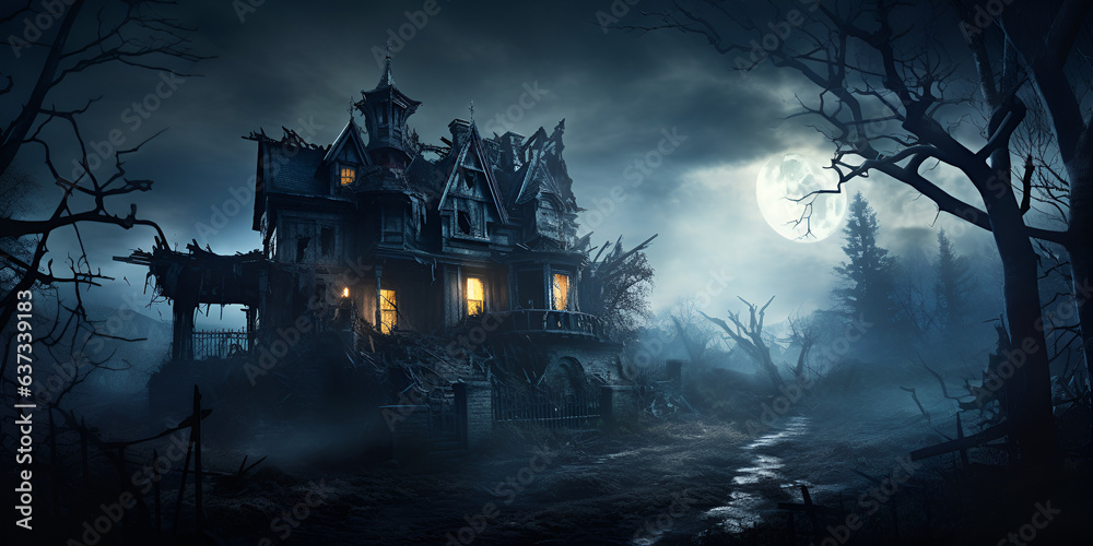 Old wooden grungy dark evil haunted house Halloween concept for haunted house attraction AI Generative 