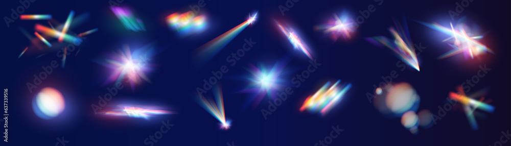 Iridescent crystal leak glare reflection effect. Optical rainbow lights, glare, leak, streak overlay. falling confetti. Vector colorful vector lenses and light flares with transparent effects. - obrazy, fototapety, plakaty 