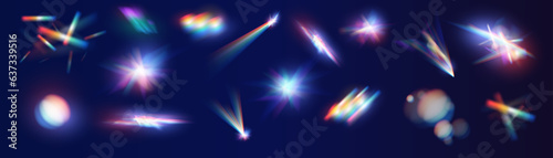 Iridescent crystal leak glare reflection effect. Optical rainbow lights, glare, leak, streak overlay. falling confetti. Vector colorful vector lenses and light flares with transparent effects.