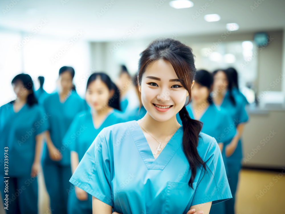 Asian nursing student standing in a hospital in medical scrubs, looking at the camera with confidence. Young female student doing her training as she studies to become a nurse. AI generated Asian nursing student standing in a hospital in medical scrubs, looking at the camera with confidence. Young female student doing her training as she studies to become a nurse. AI generated