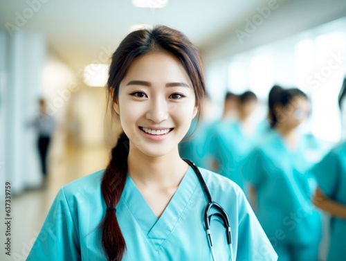 Asian nursing student standing in a hospital in medical scrubs, looking at the camera with confidence. Young female student doing her training as she studies to become a nurse. AI generated