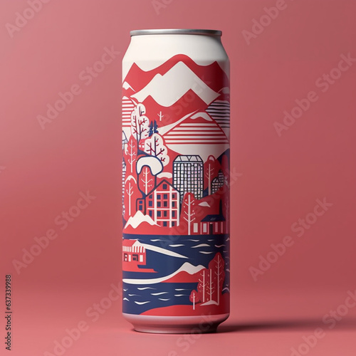 Blank soda can mockup with city skyline. 3D Rendering