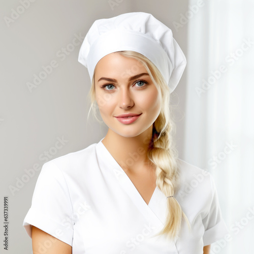 Young blonde woman doctor standing with serious expression at clinic. AI generated