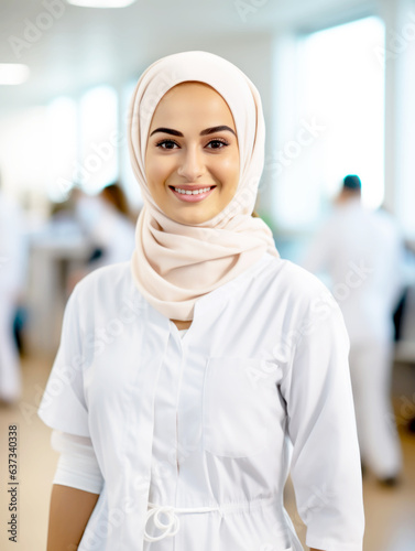 Portrait of hijab woman with health concept. Portrait of confident female nurse in a hospital or doctor's office. She is smiling at the camera. AI generated