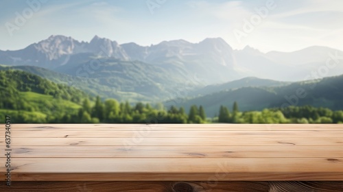 empty wooden table in modern style for product presentation with a blurred mountain landscape in the background