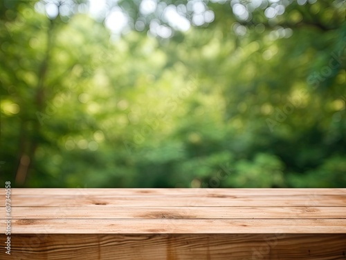 empty wooden table in modern style for product presentation with a blurred green summer forest in the background